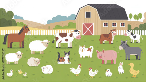 Peaceful pastoral scene with farm animals grazing in a green meadow near a barn Vector