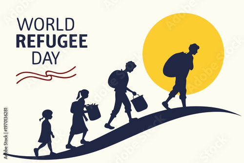 World refugee day illustration depicting a family walking towards a bright future