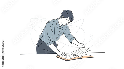 Young man studying a book, minimalist illustration, learning and knowledge concept