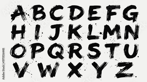 Full set of artistic hand-painted brush stroke alphabet letters from A to Z with black ink splatters, concept for creative typography design, branding identity and street poster layout