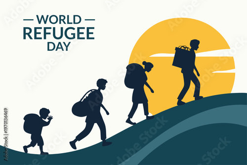 World refugee day illustration depicting a family walking towards a bright future
