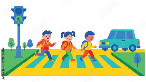 Children cross street at crosswalk pedestrian traffic light green signal.