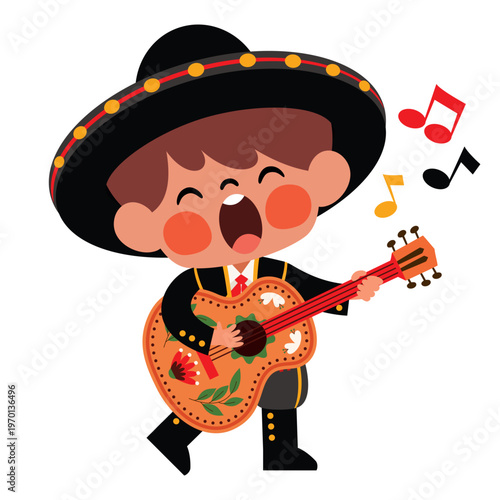 Cartoon Spanish Kid Playing Guitar