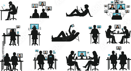 Remote work and online communication silhouette set with video calls laptop meetings and digital collaboration scenes isolated on white background