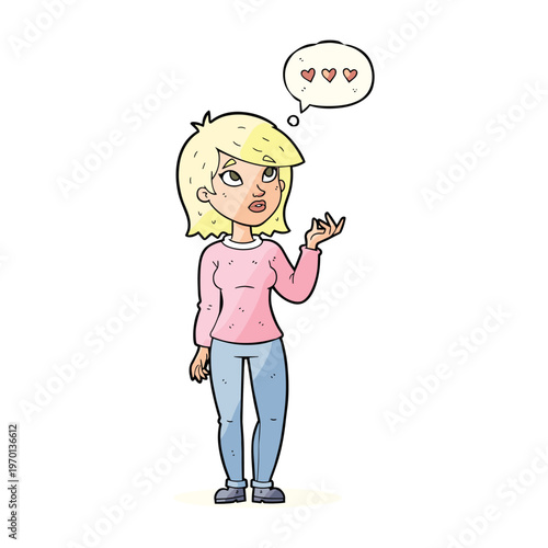 Cartoon illustration of a blonde woman in a pink sweater thinking about love with hearts.