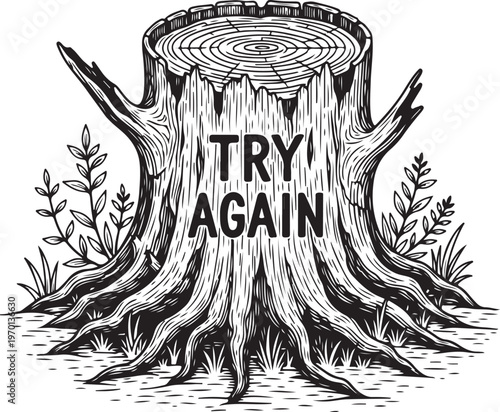 Resilient tree stump with an inspiring message to try again hand drawing illustration vector