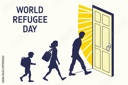 World refugee day illustration depicts a family walking towards an open door