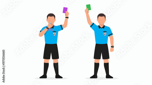 Two male HR managers dressed as soccer referees showing purple and green cards while blowing whistle, concept for corporate discipline, employee performance and business regulations