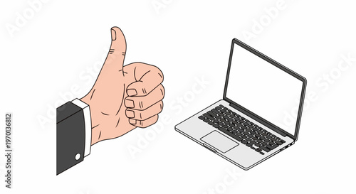 Businessman Hand Giving Thumbs Up Next to Open Laptop, Vector Illustration