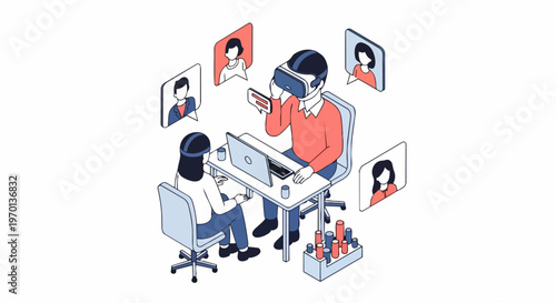 Metaverse Virtual Reality Business Meeting Isometric Illustration, Remote Work Collaboration and Digital Communication Concept