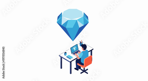Isometric Concept of High Value Work and Wealth Creation with a Man Working on a Laptop Under a Large Diamond Gemstone