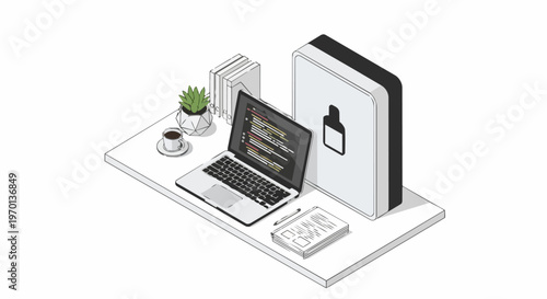 Isometric Workspace Illustration Featuring Laptop with Code, Software Development Desk Setup, and Modern Office Supplies