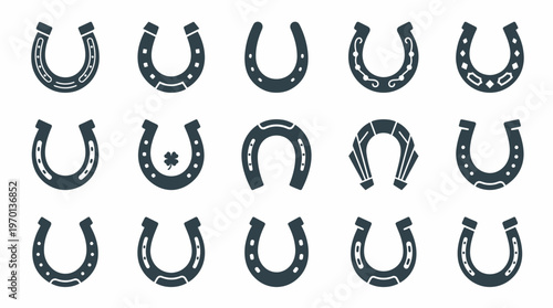 Collection of various horseshoe silhouette icons with different decorative patterns and clover symbol on white background, concept for luck symbol, equestrian branding and western graphic design