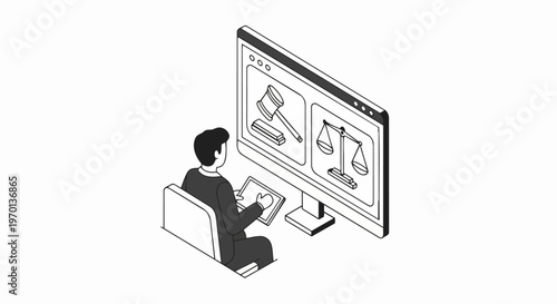 Isometric Illustration of a Lawyer or Client Accessing Online Legal Services and Justice System via Computer