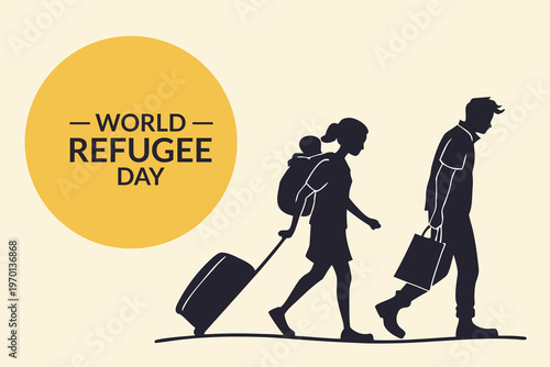 Silhouette family walking with luggage commemorating world refugee day high quality