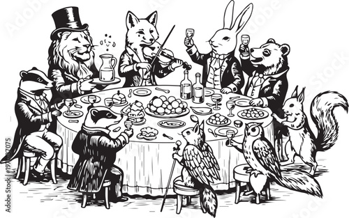 Whimsical tea party featuring anthropomorphic animals and a top-hatted lion. hand drawing illustration vector