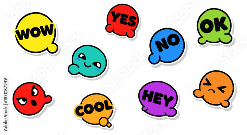 Colorful Speech Bubbles with Emotions and Words, Sticker Pack