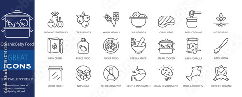 Set of icons for organic baby food. Editable stroke. Vector illustration