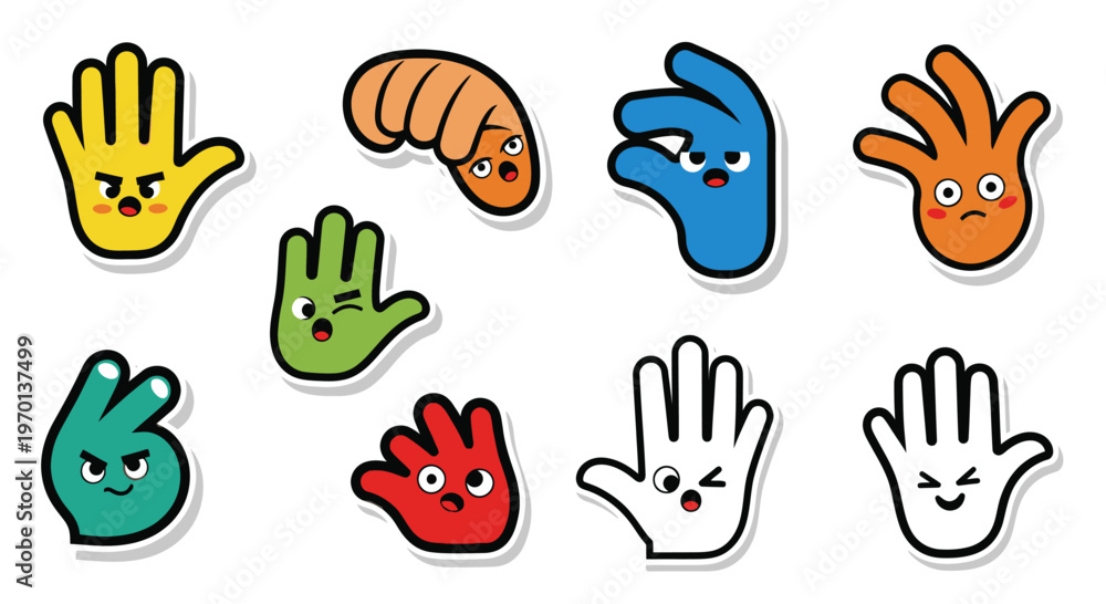 Fototapeta premium Cute Cartoon Hands and Worm Stickers with Emotions