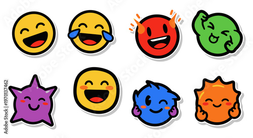 Cute Cartoon Emoticons Stickers Set: Happy, Laughing, Angry, Cool, Winking Faces