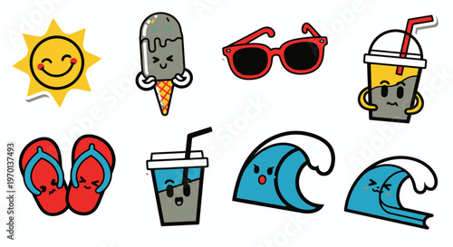 Cute Summer Vacation Icons: Sun, Ice Cream, Sunglasses, Drinks, Flip Flops, Waves