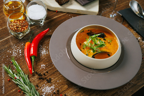 Creamy fish soup with mussels in white bowl