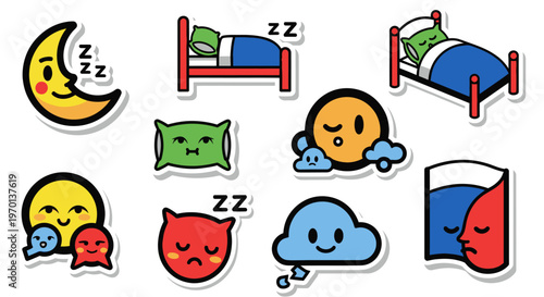 Cute Sleepy Stickers: Moon, Beds, Pillows, Clouds, Faces, Water