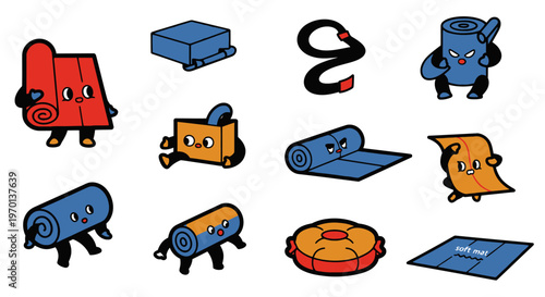 Cute Yoga Mat Characters Set, Cartoon Fitness Equipment, Funny Sport Icons