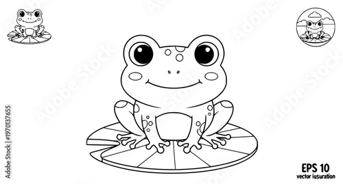 Cute Kawaii Frog on Lily Pad Coloring Page Vector Illustration