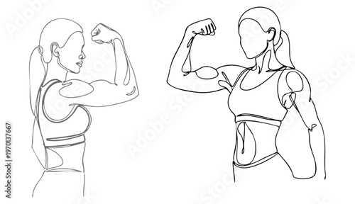 Continuous single line drawing of fit woman flexing arm muscles, line art vector 
