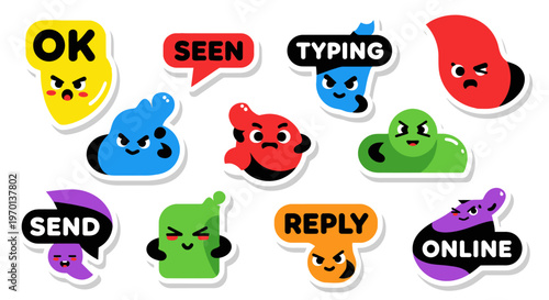 Funny Messenger Stickers with Emotions and Words: OK, Seen, Typing, Reply, Online
