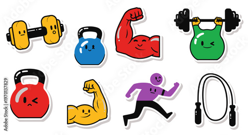 Cute Fitness Icons: Dumbbell, Kettlebell, Biceps, Runner, Jump Rope Stickers
