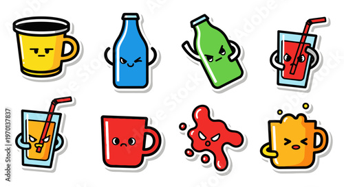 Funny Cartoon Drinks with Angry Faces - Sticker Pack