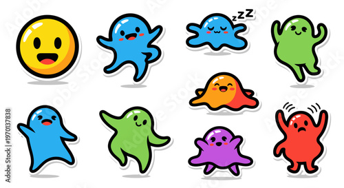 Cute cartoon characters and smiley face stickers, set of emotions and actions