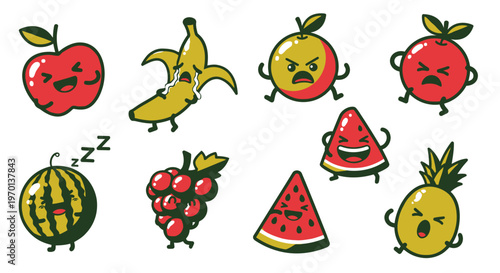Funny Cartoon Fruits Characters with Different Emotions - Vector Set