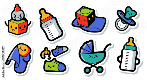 Cute Baby Items Stickers: Bottles, Stroller, Pacifier, Shoes, Blanket, Dice