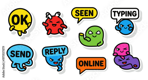 Cute cartoon character stickers with online communication concepts