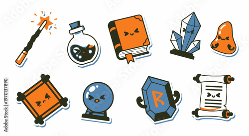 Cute Fantasy Objects Stickers: Magic Wand, Potion, Book, Crystals, Rune Stone, Scroll