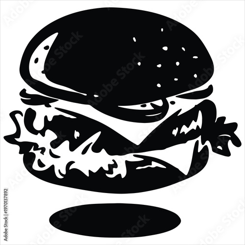 High-contrast vector of a gourmet burger isolated on a white background with a minimalist shadow.