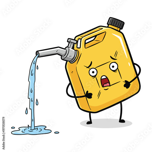 A shocked yellow gas can cartoon character with liquid pouring out of its spout