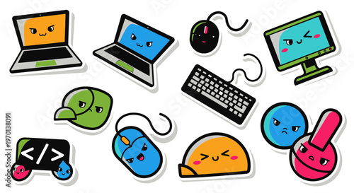 Cute Cartoon Computer Icons and Tech Gadgets with Funny Faces