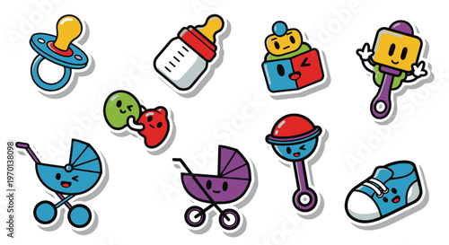 Cute Baby Icon Set: Stroller, Pacifier, Bottle, Rattle, Shoe, Toy