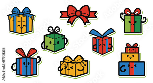 Cute Gift Boxes with Faces Stickers, Happy and Sad Emotions, Vector Art