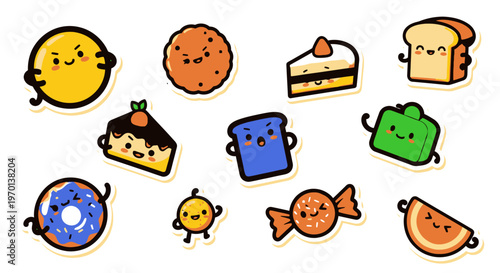 Cute Kawaii Food Stickers: Donut, Cookie, Cake, Bread, Candy, Fruit Slice