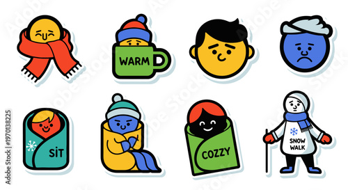 Cute Winter Characters and Feelings Stickers - Cozy, Warm, Cold, Sad, Happy