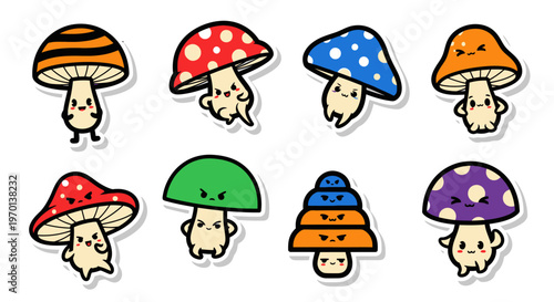 Cute Kawaii Mushroom Characters Set - Funny Cartoon Fungi Stickers
