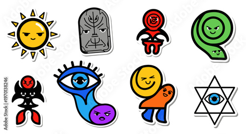 Set of cartoon-style stickers with whimsical and mystical symbols