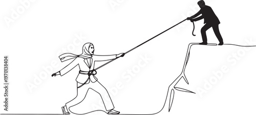 Arabian businesswoman climbs cliff with rope. Almost successful. Rudely dropped by a business friend. Fake partner. Worst teamwork. One line draw graphic design vector