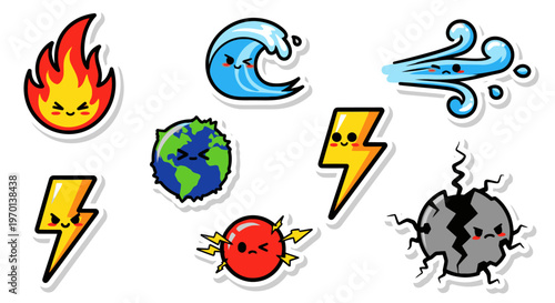 Cute Elements Stickers: Fire, Water, Wind, Earth, Lightning, Storm