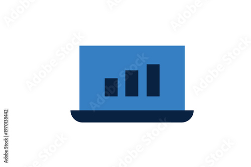 Laptop computer screen displaying a rising bar chart for digital business analytics.